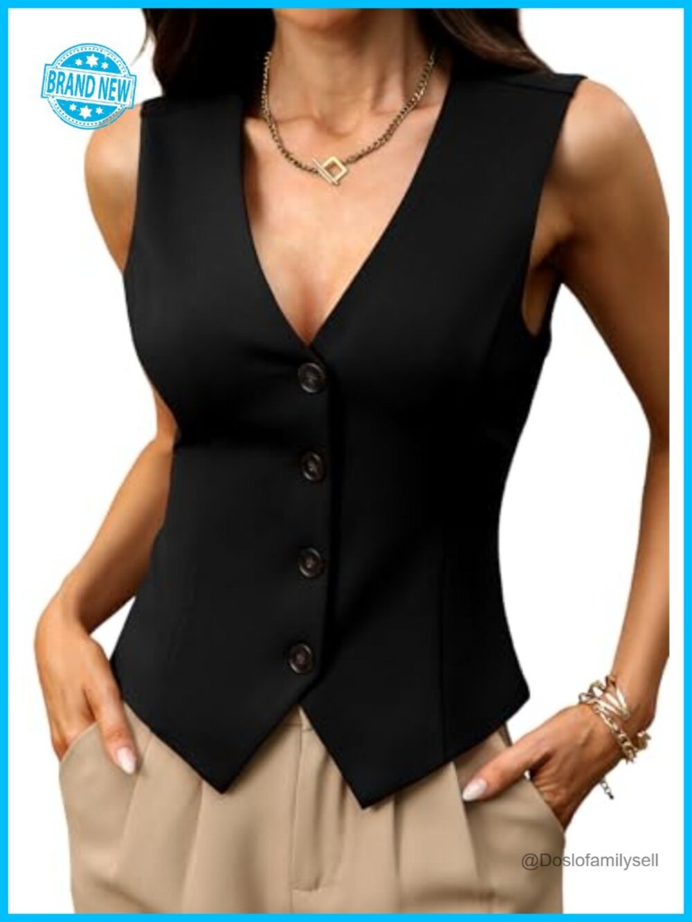 Stretchy Knit Vest Top Sleeveless V-Neck Button Business Casual